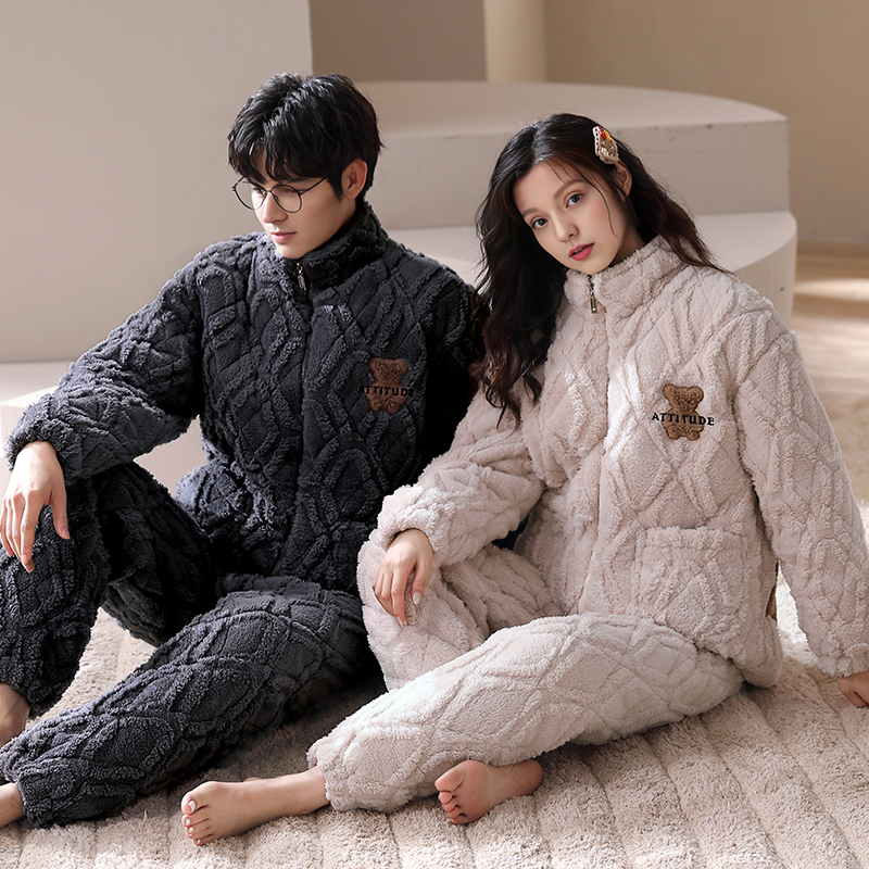 芬腾情侣睡衣冬季珊瑚绒夹棉袄三层加厚套装保暖抗静电男女家居服