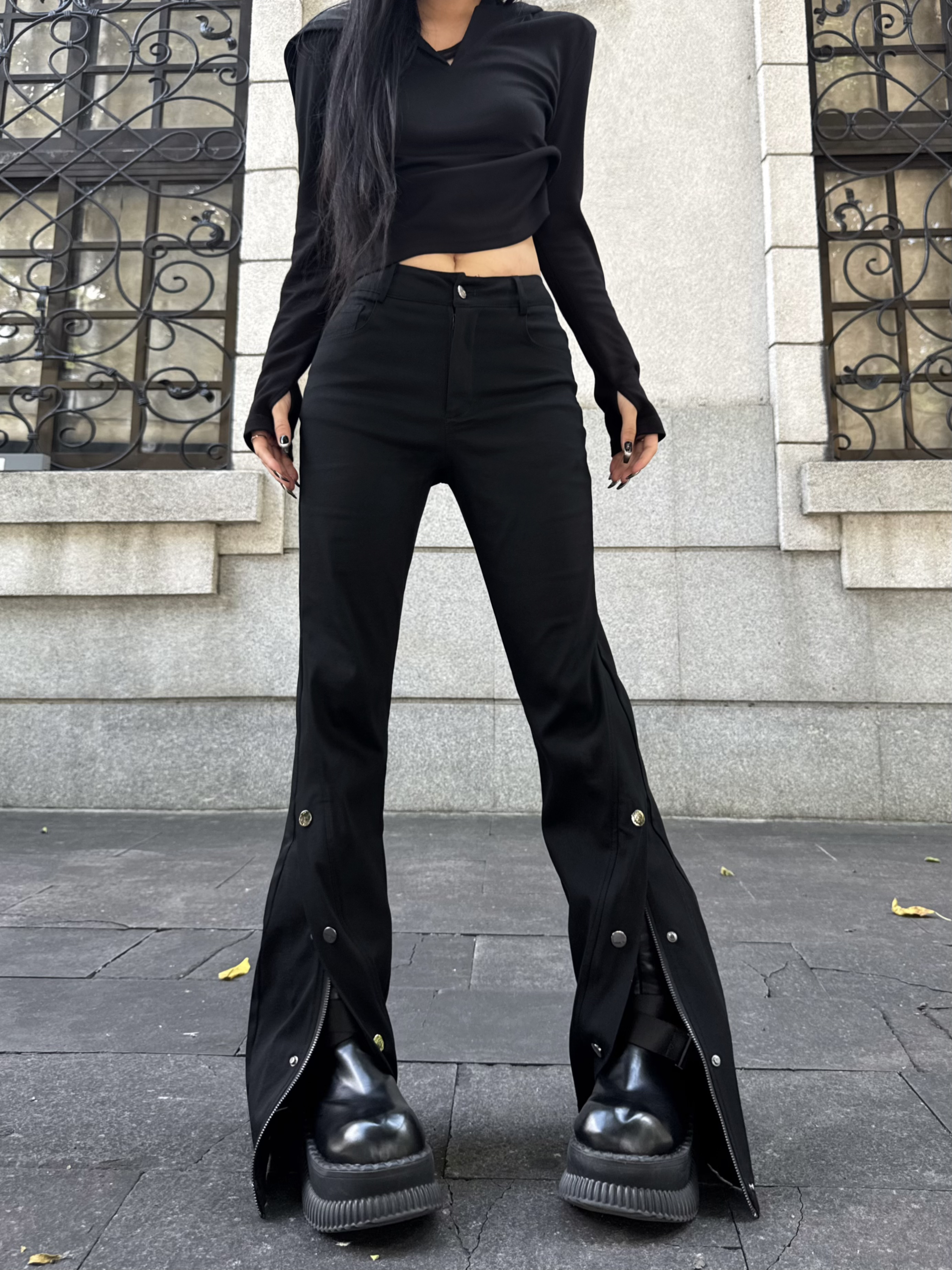 Blackgirl新款【辣妹部落】秋冬百搭高弹力修身显瘦高腰黑色微喇裤