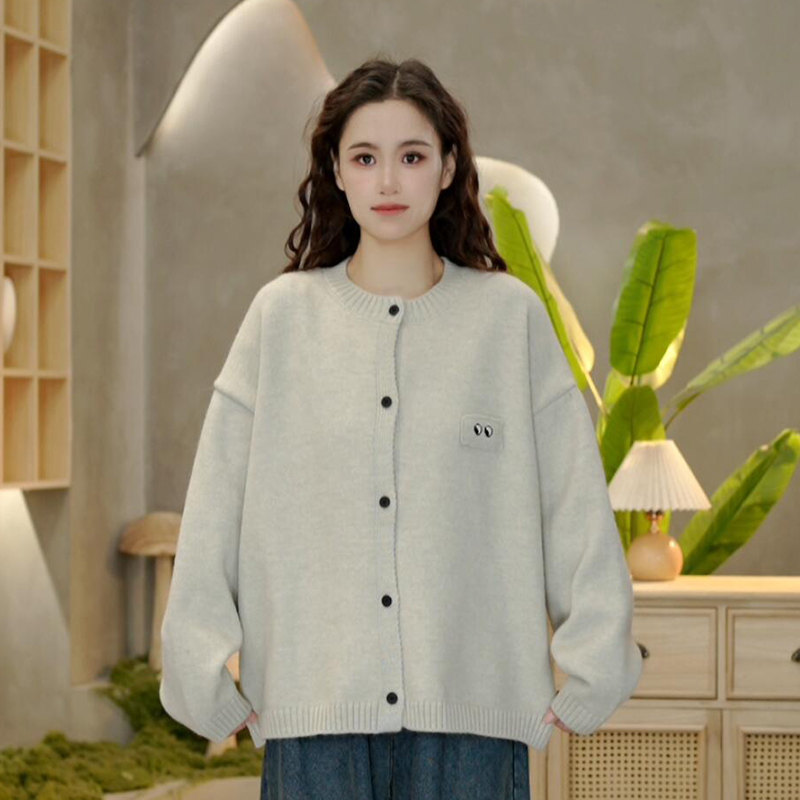 2230秋冬季新款软糯针织开衫女百搭宽松圆领外套慵懒风加厚毛衣