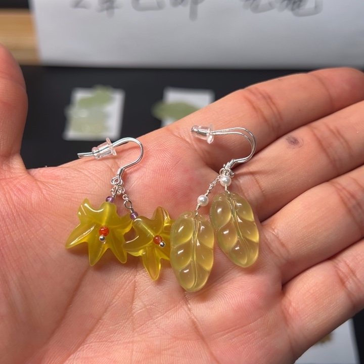 阳***了岫玉银S925镶嵌耳钉