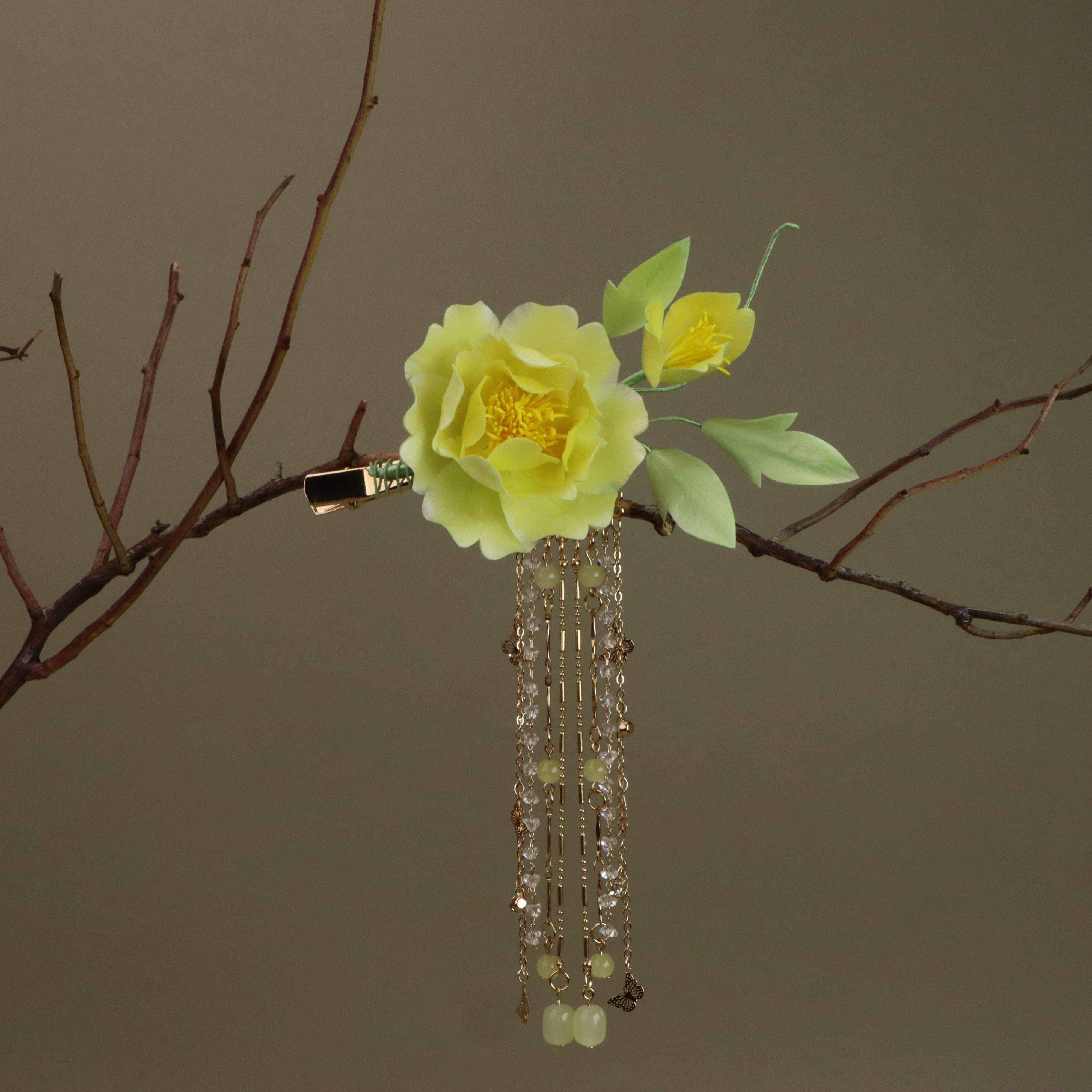 【黄牡丹】非遗绒花发夹-古风可爱日常手工制作