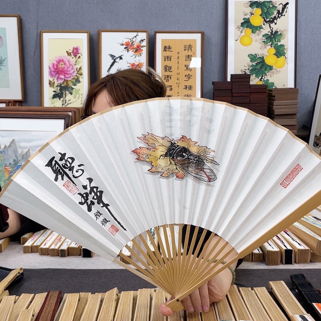 国画95寸玉竹-纯手绘-文玩扇骨（默认粘好）