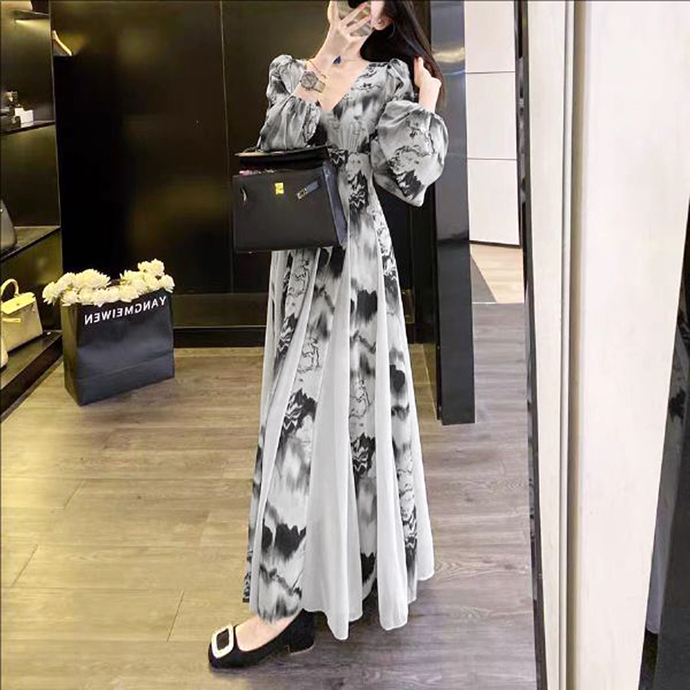 大码女装300斤胖MM时尚设计感国风水墨画显瘦连衣裙10036