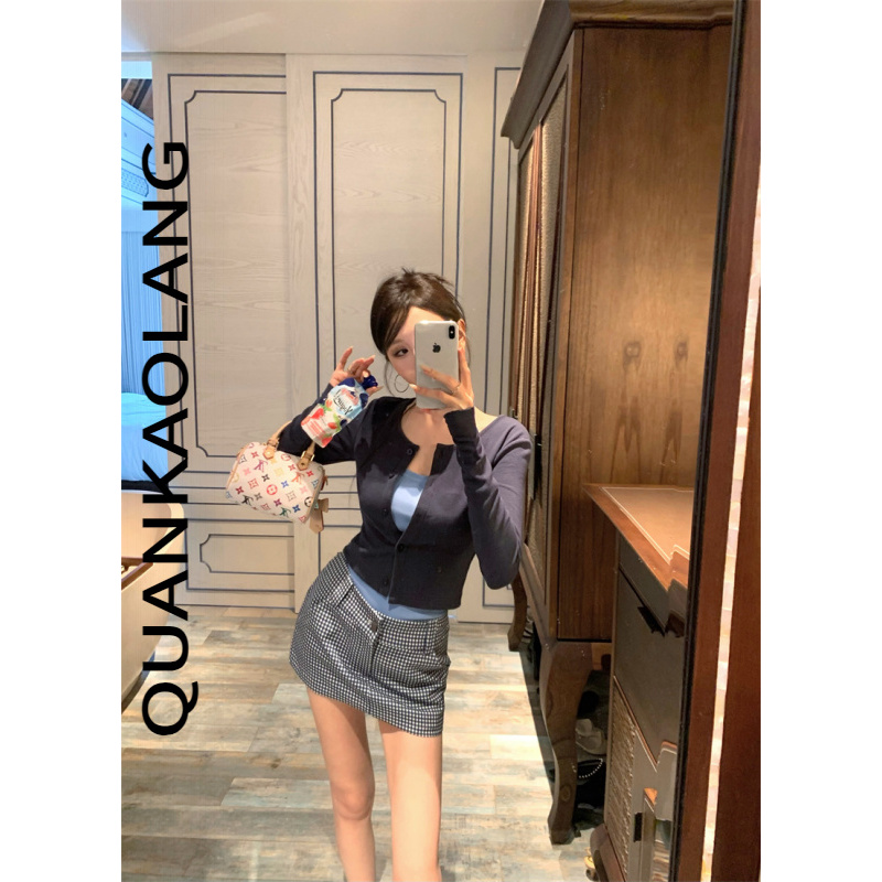 洋气纯欲气质辣妹蓝色系吊带藏蓝开衫格子半身裙套装棉质