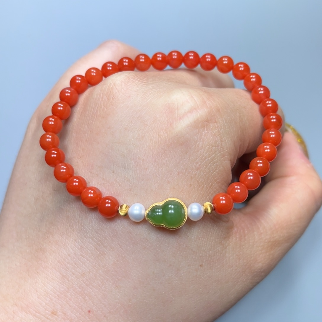 南红玛瑙DIY 手串银S925镀金镶嵌