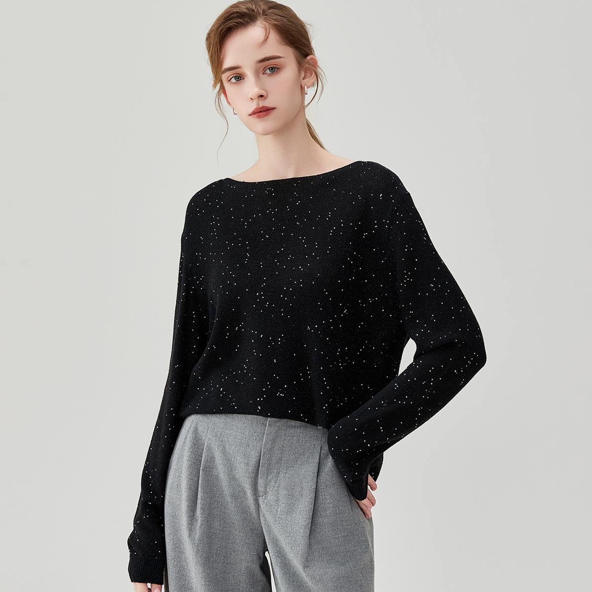 《粉丝专享》圆领长袖亮片纱优雅气质桑蚕丝羊绒针织女衫547360