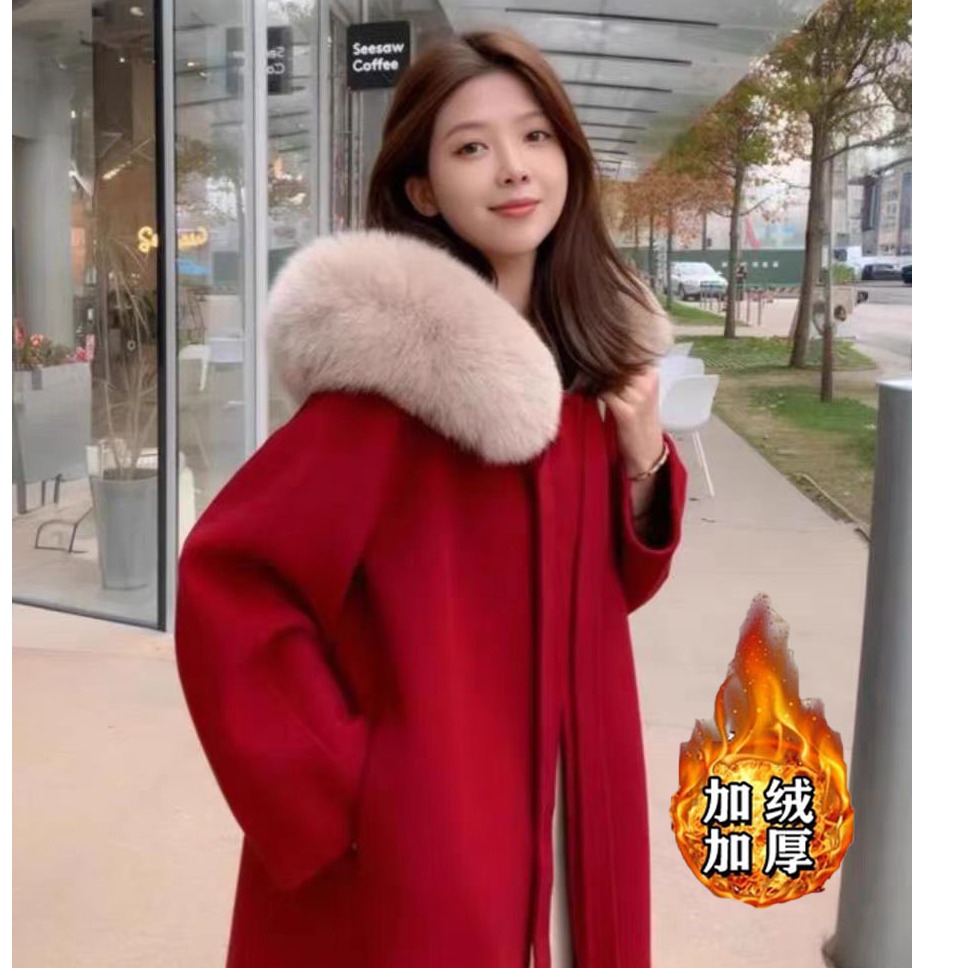 毛呢外套女加厚大毛领连帽红色长款呢子大衣2025冬季新款1680