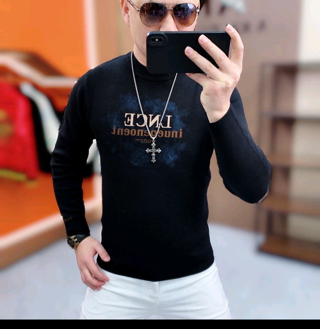 秋冬新款男士时尚圆领提花针织衫潮流修身加绒加厚保暖百搭毛衣