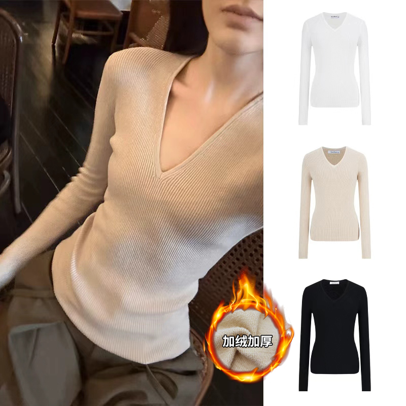 Moses Queen/魔西女王纯欲V领正肩T恤针织修身显瘦打底上衣