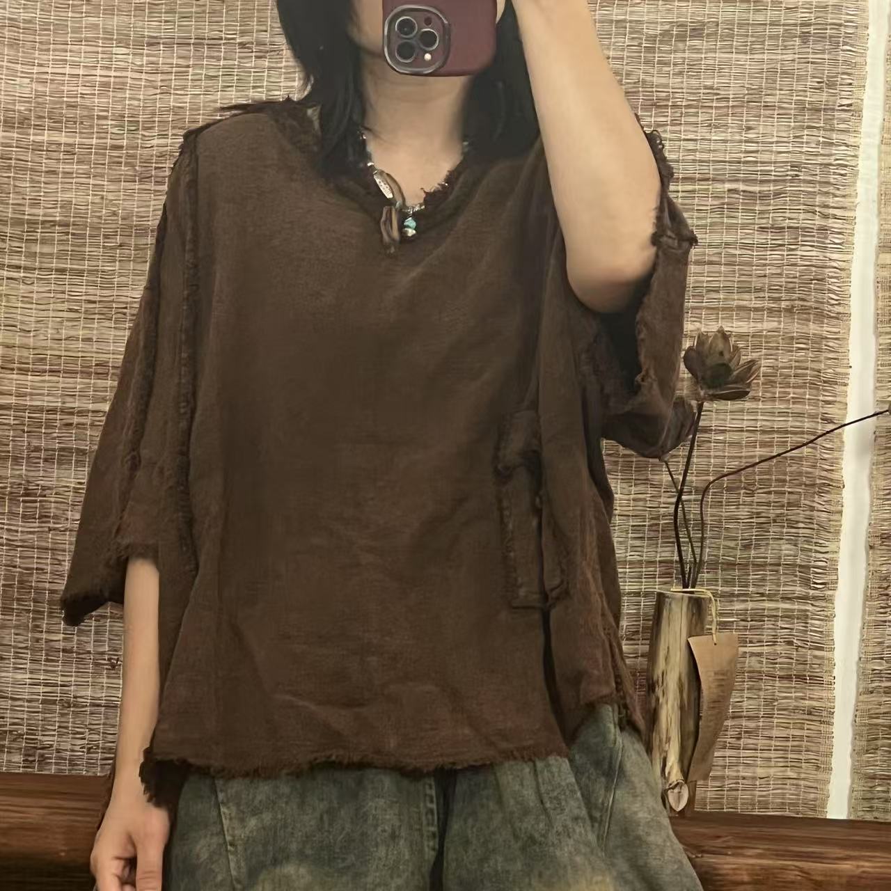 BY  539夏季新款棉麻毛边宽松拼接做旧半袖复古衫（衣长58胸围150）