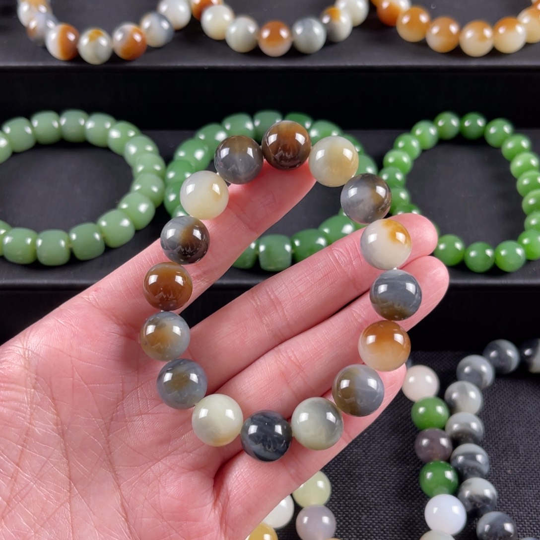 和田玉手串未镶嵌卡12 楼兰三色