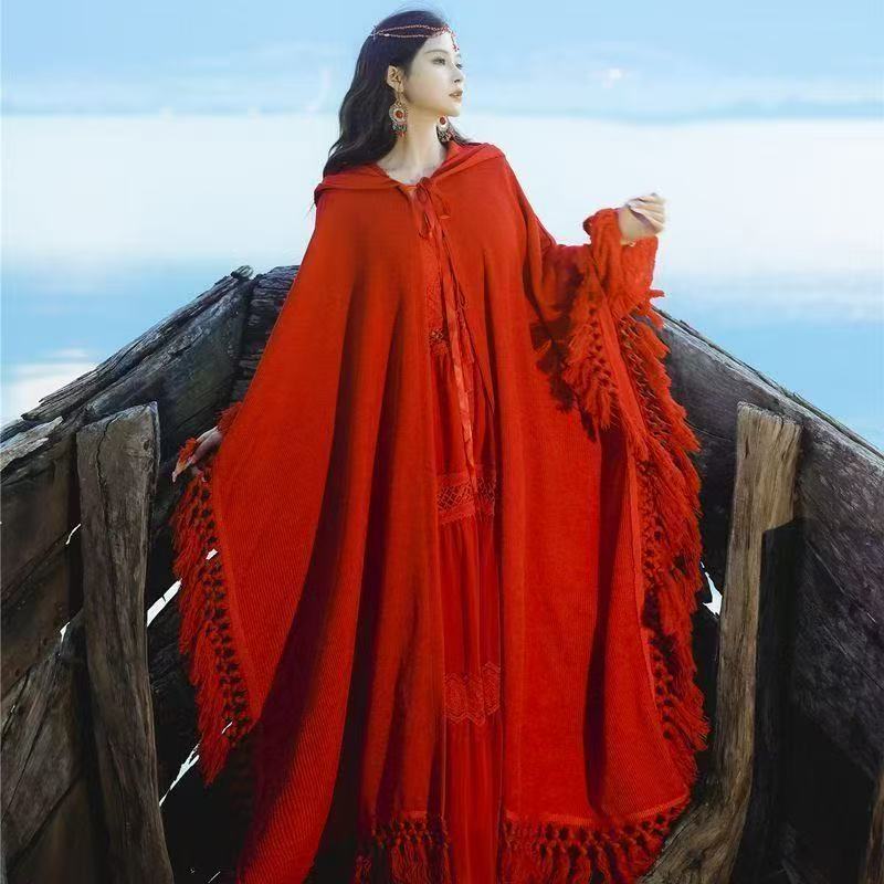 宽松复古风红色长款披肩披风风衣外套GH