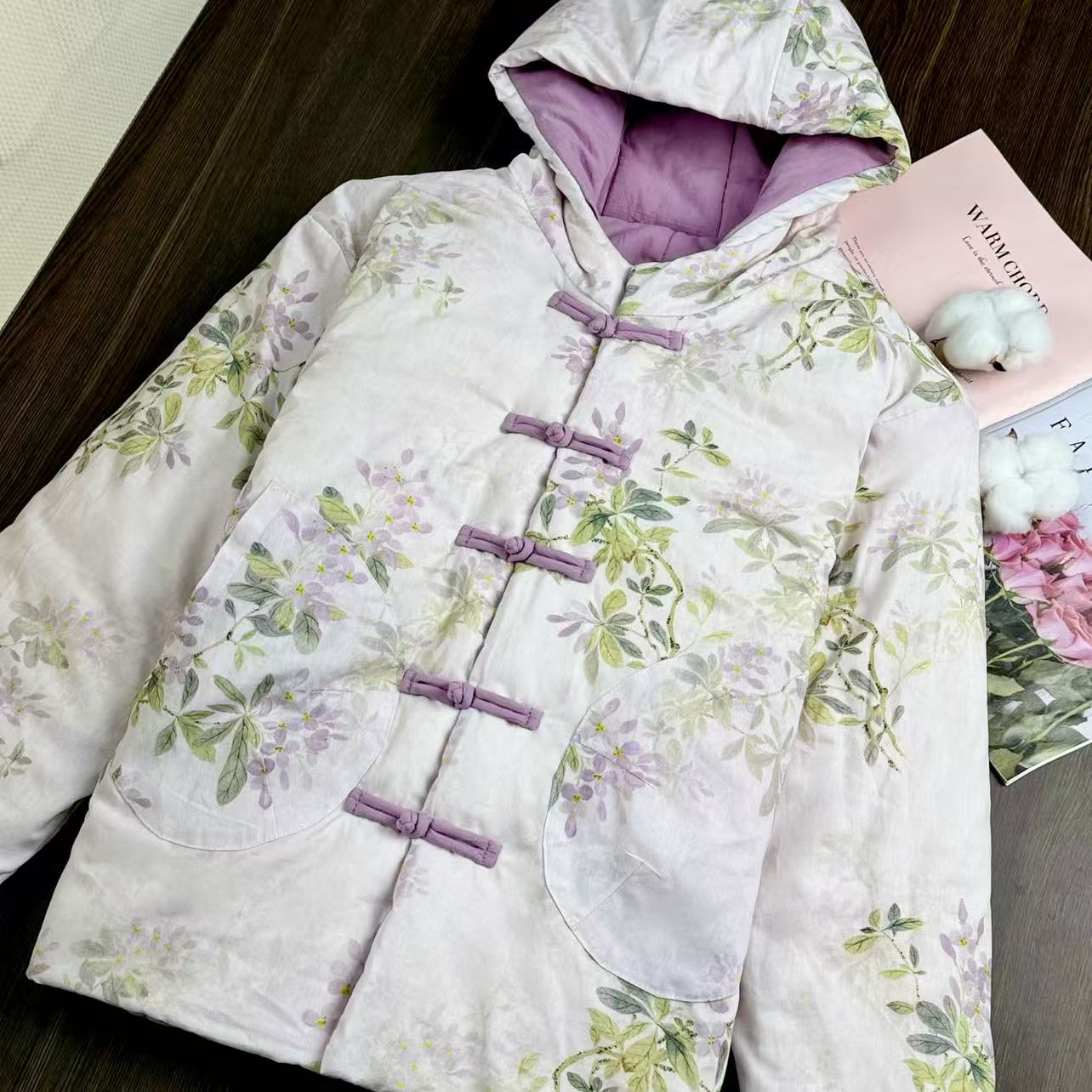 【闫妮家】新疆棉花冬中国风手工铺棉盘扣保暖里外纯棉连帽棉花棉袄