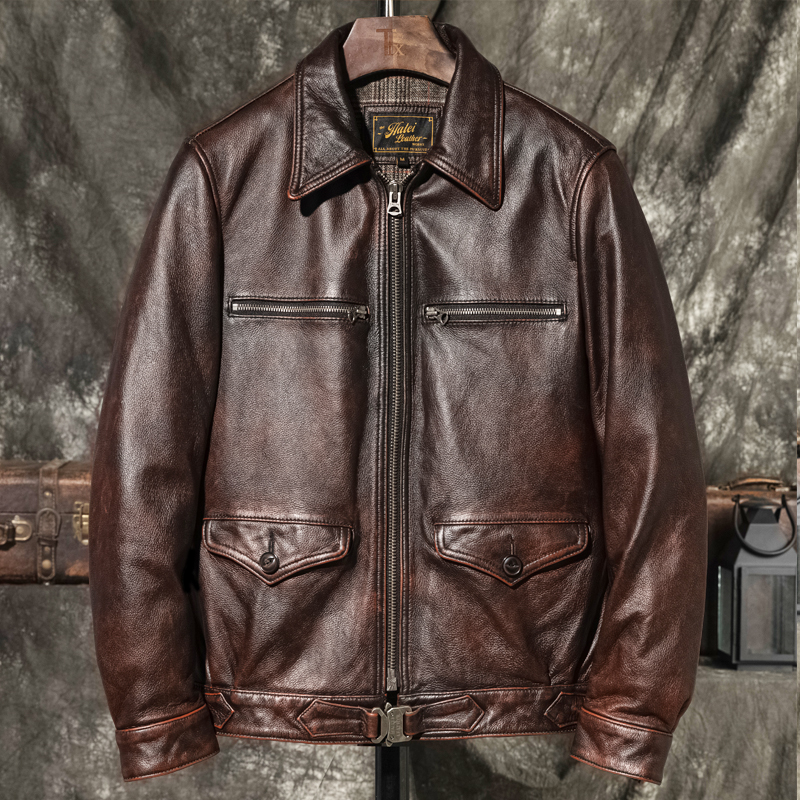 德飞飞行服头层牛皮真皮皮衣男水洗石磨做旧