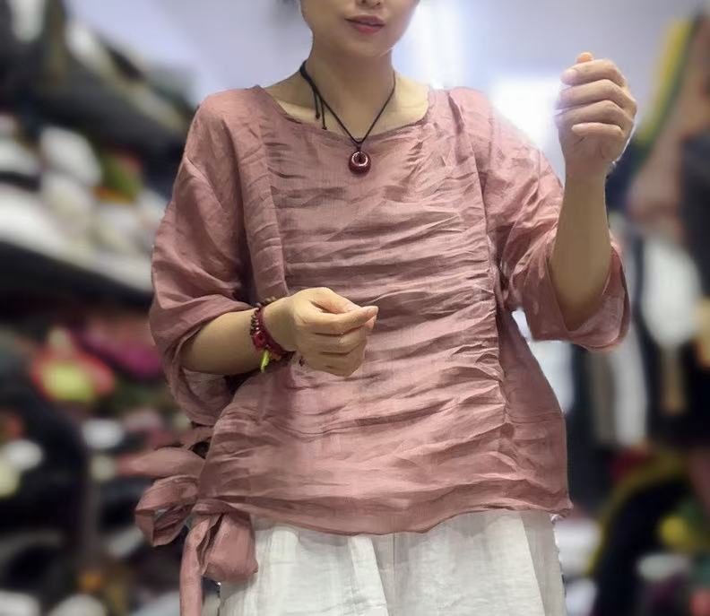 圆领飘带百搭苎麻上衣5425019-1