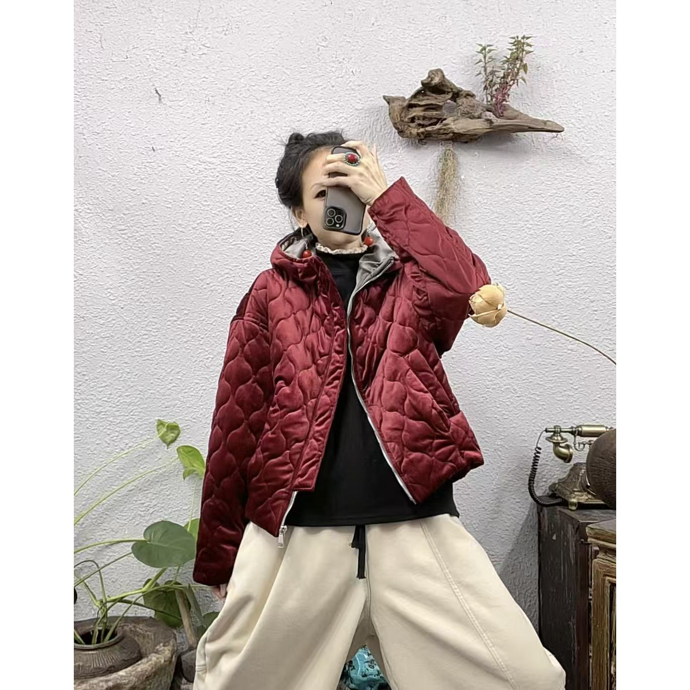 8123夹棉帽衫金丝绒菱形压棉拉链棉袄外套（长57胸围140