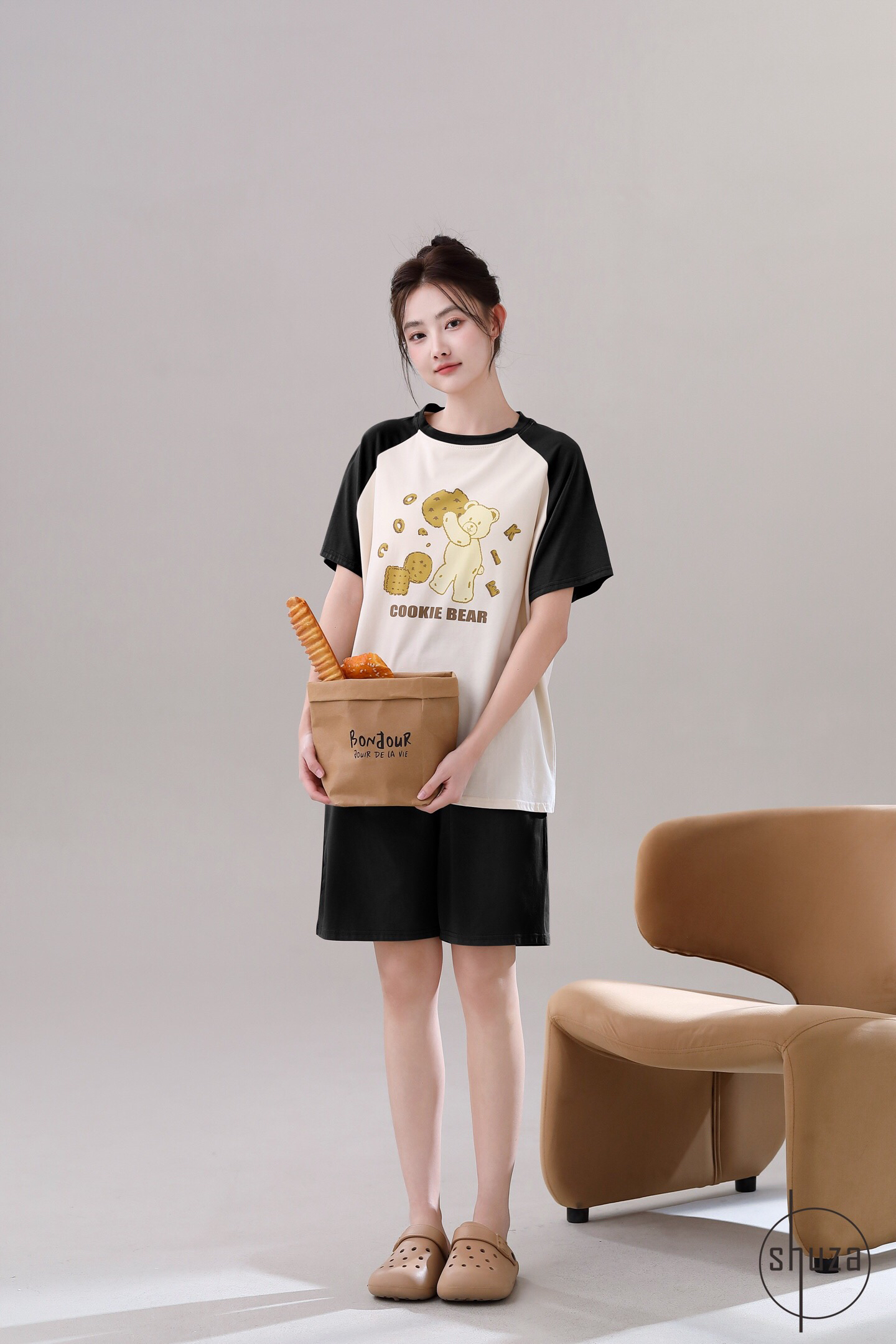 夏季短袖短裤睡衣纯棉家居服套装可外穿休闲卡通设计内置胸垫