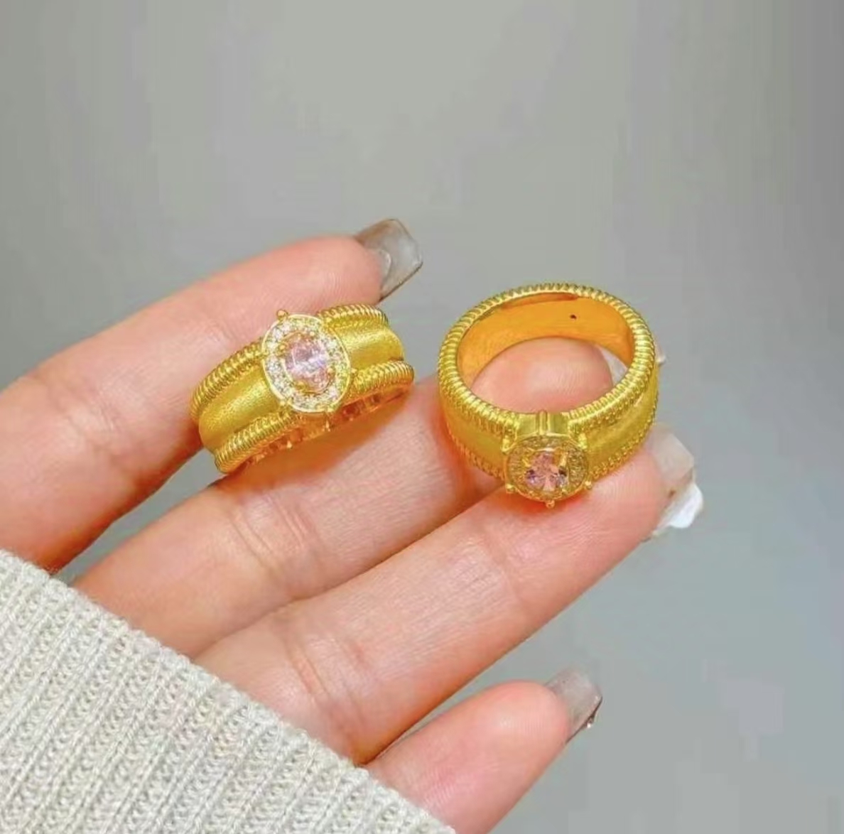 5D工艺足金999粉色鸽子蛋金戒指深圳水贝黄金批发宫廷风多退少补