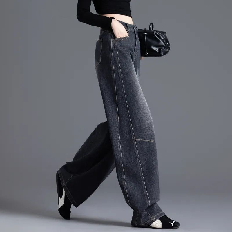 秋冬加绒显瘦复古黑色高腰阔腿牛仔裤女宽松百搭弯刀裤休闲哈伦裤