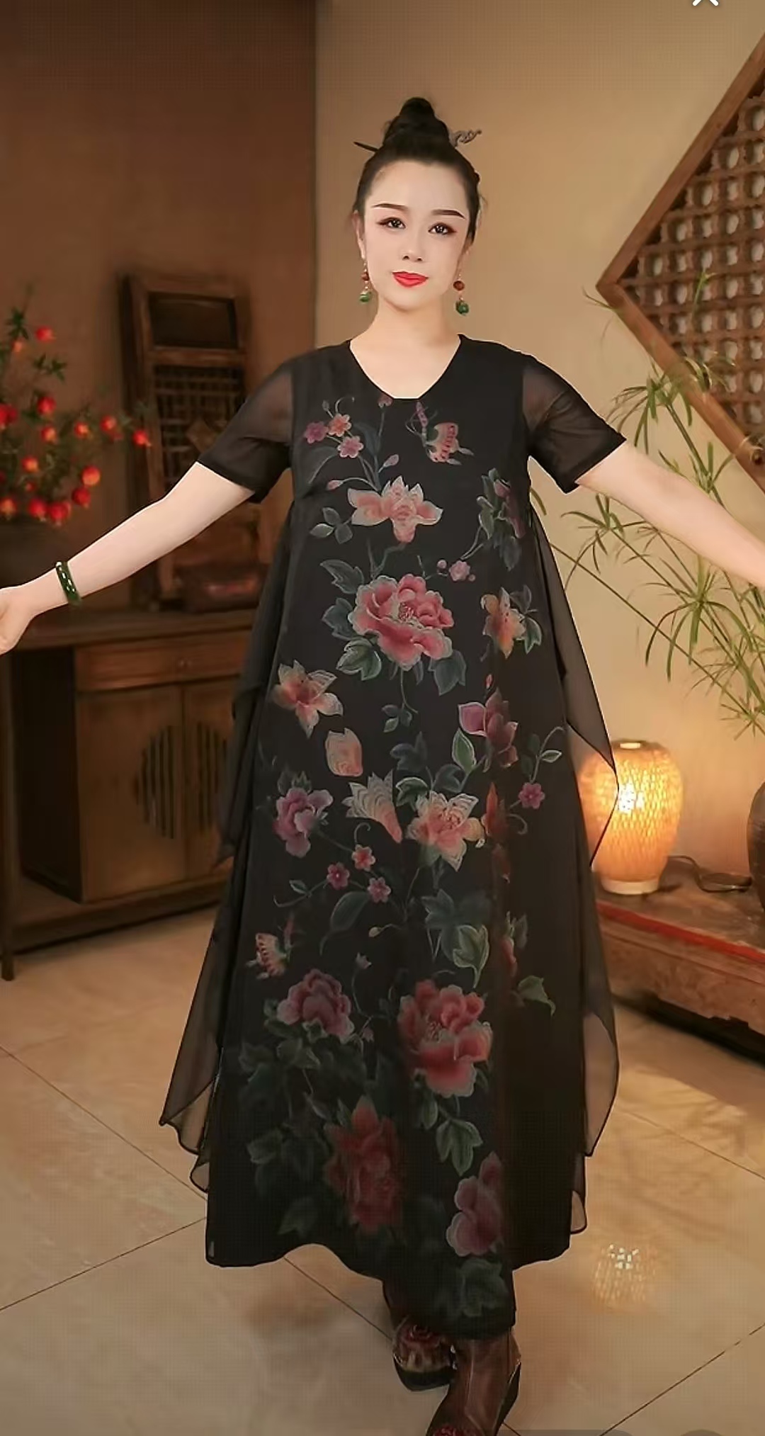 缎味原创-金凤刺绣V领连衣裙