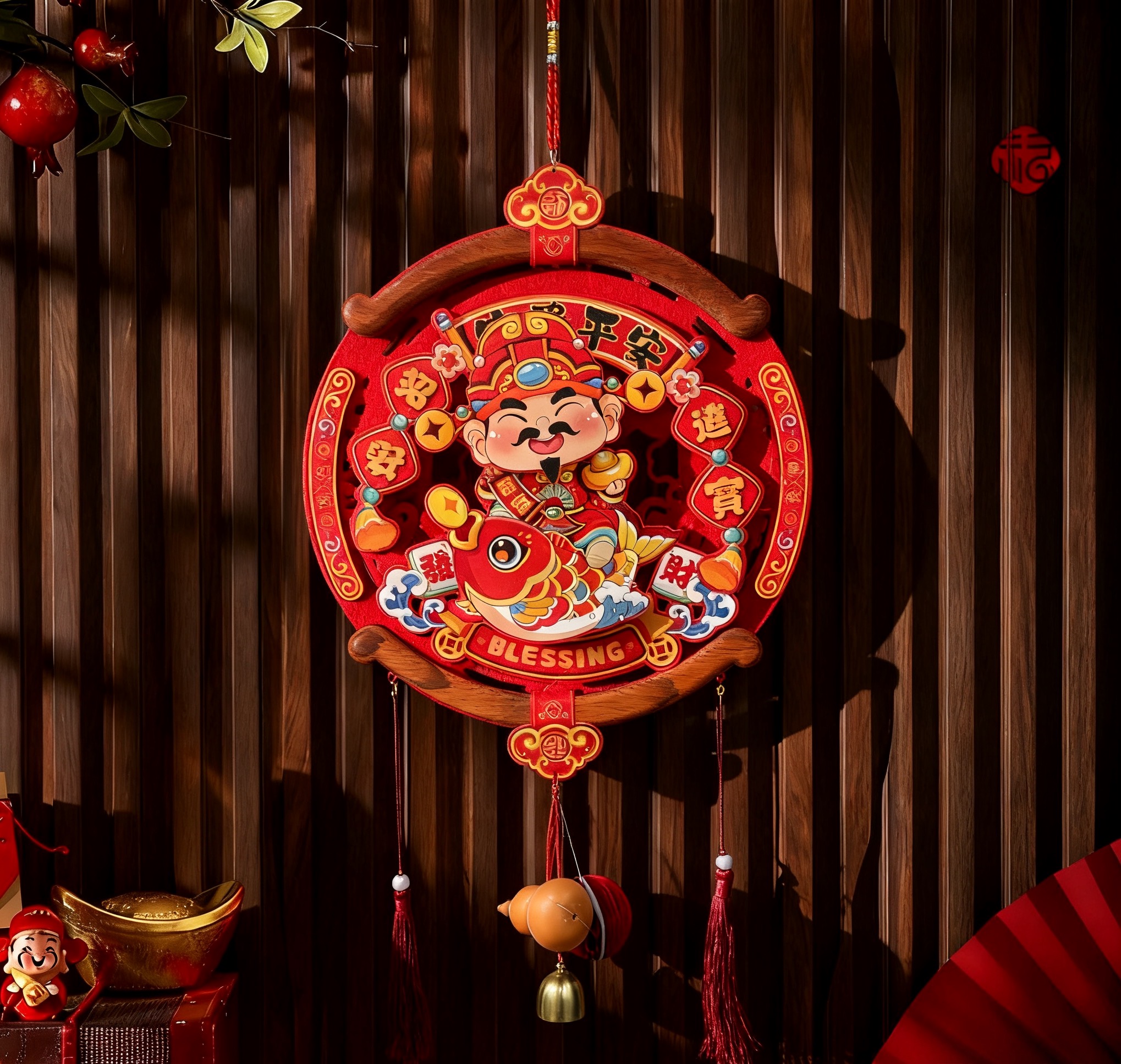 春节大门挂件财神爷电动挂饰木质挂件过年乔迁玄关墙面装饰品
