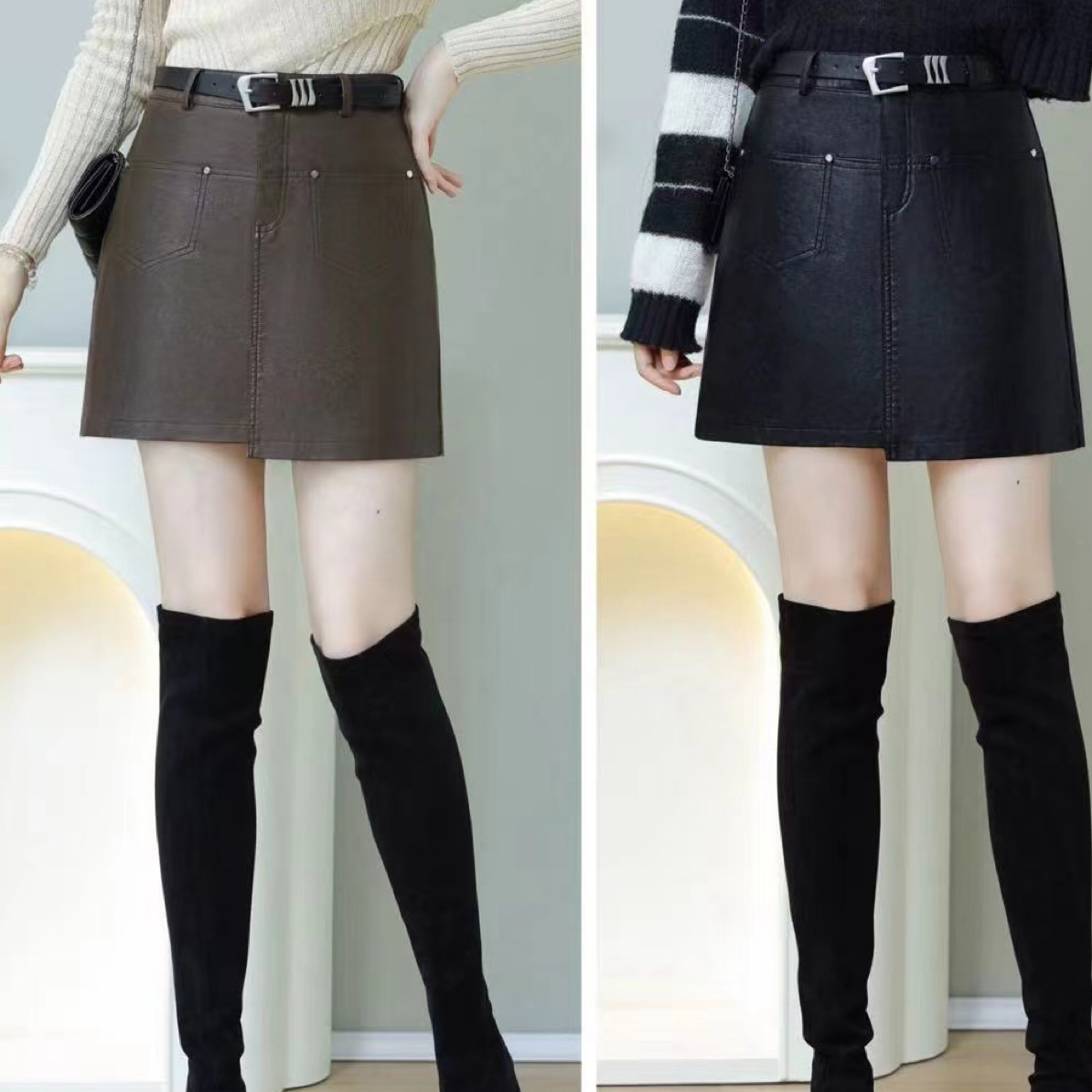 836#(裙长40)高腰显瘦百搭PU皮带内衬A字半身裙