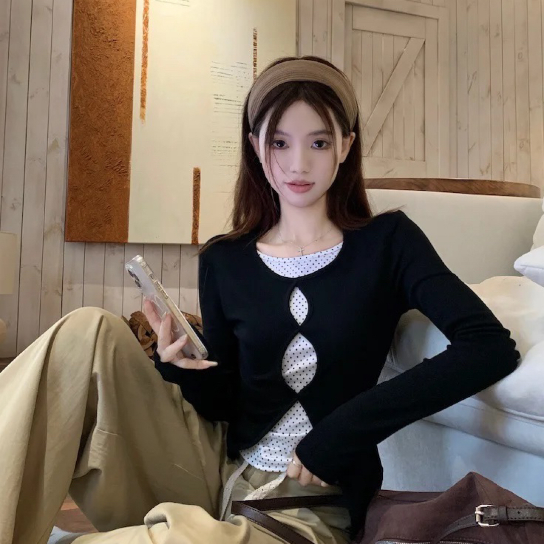 长袖INS风镂空显瘦波点不起球T恤薄款小众黑色秋季假两件设计