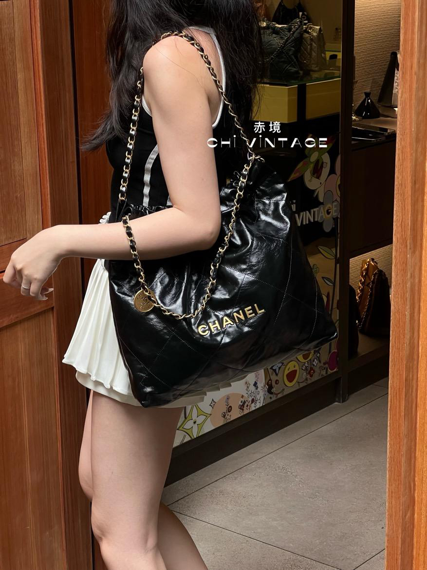 未使用 Chanel/香奈儿 2039 黑金22bag中号单肩包芯片款