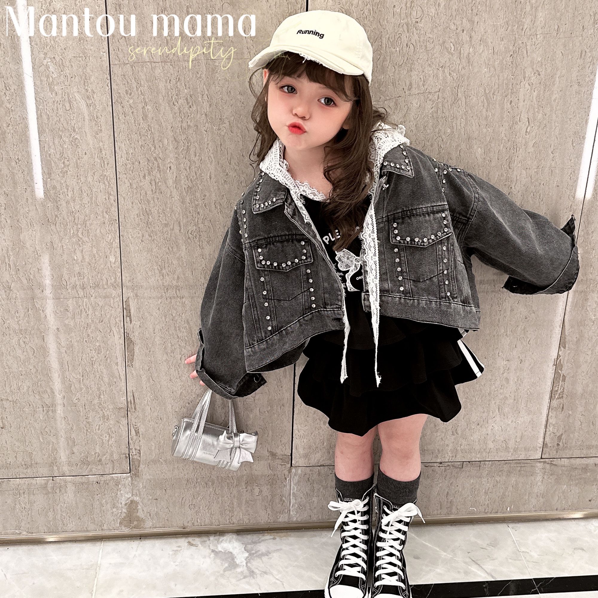 【馒头家】3【亲子·新款】钉钻牛仔外套女童秋季阔形百搭精致韩版