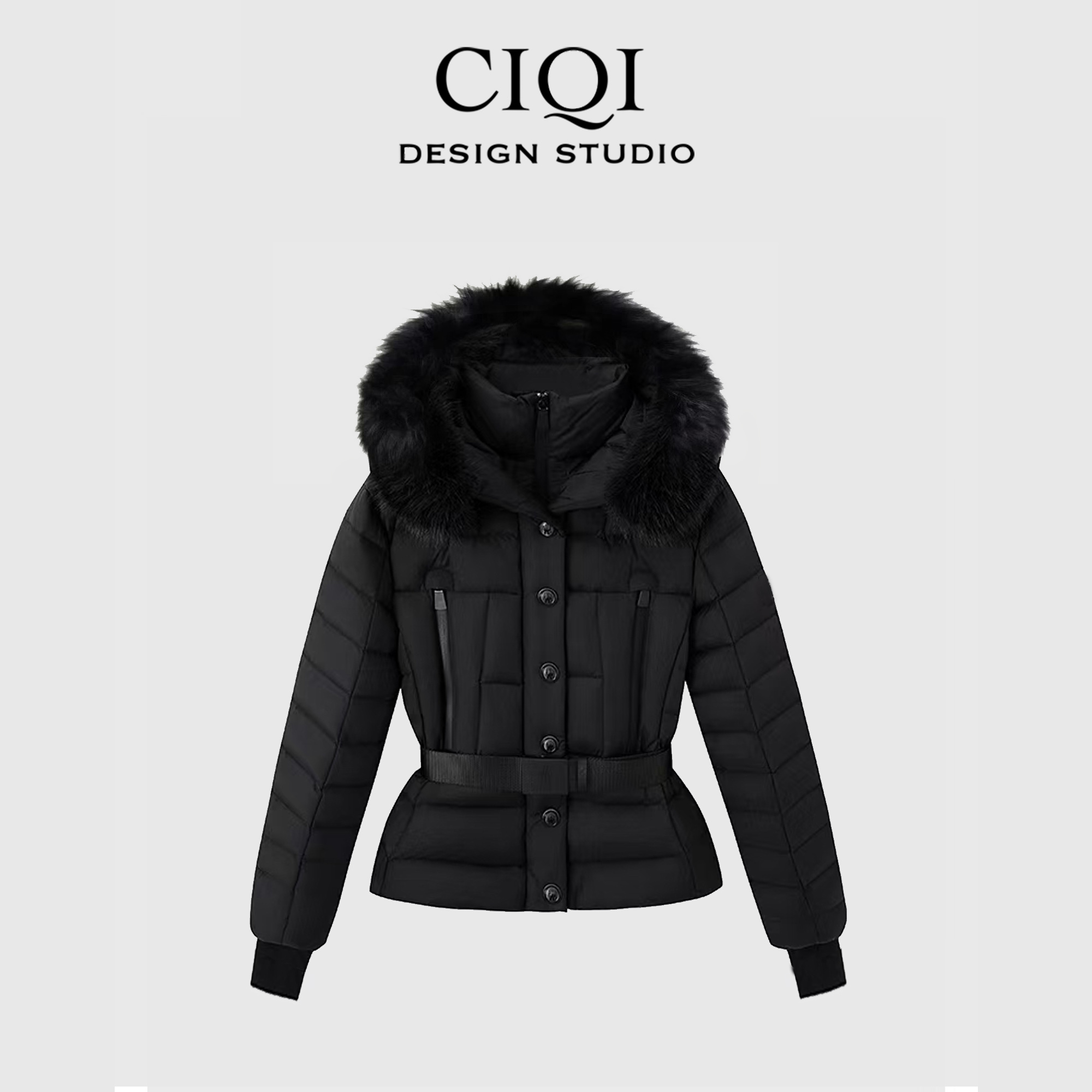 CIQI STUDIO小蛮腰重工高版本狐狸皮毛毛领连帽收腰羽绒服10007