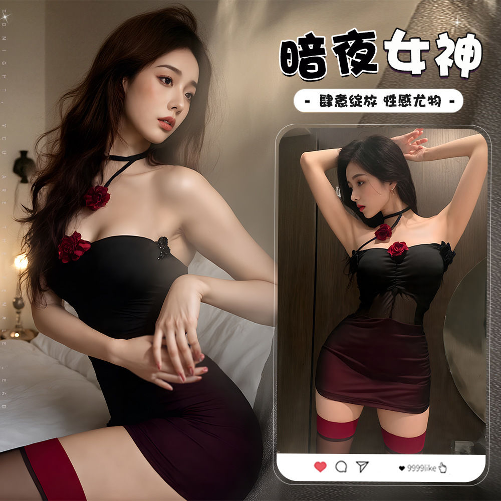 暗夜玫瑰【80-160斤】火辣性感修身玫瑰连衣裙显瘦百搭网纱睡裙6076