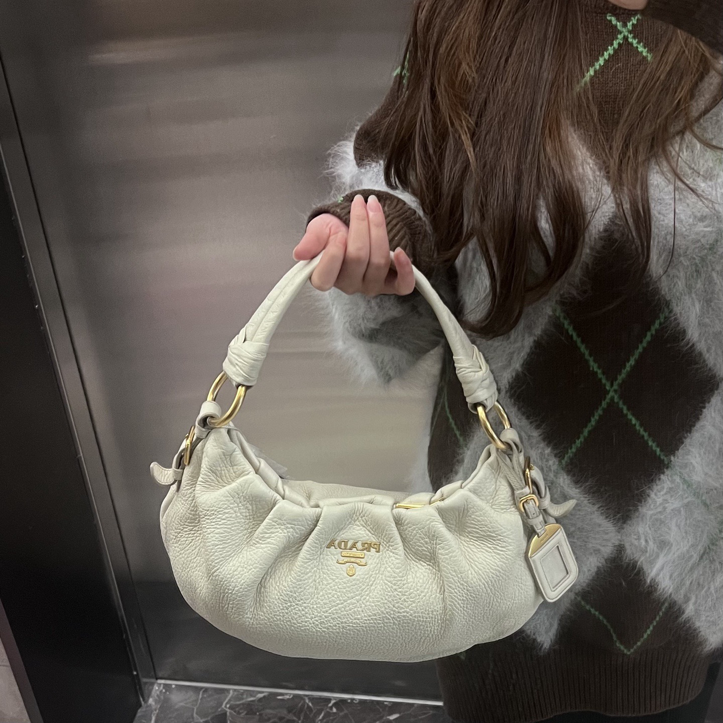 95新 Prada/普拉达 prada米白色手提包单肩包