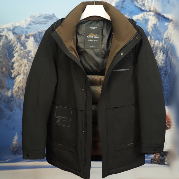 D保暖舒适3防鸭绒男士中款商务连帽可脱卸帽子时尚90绒子