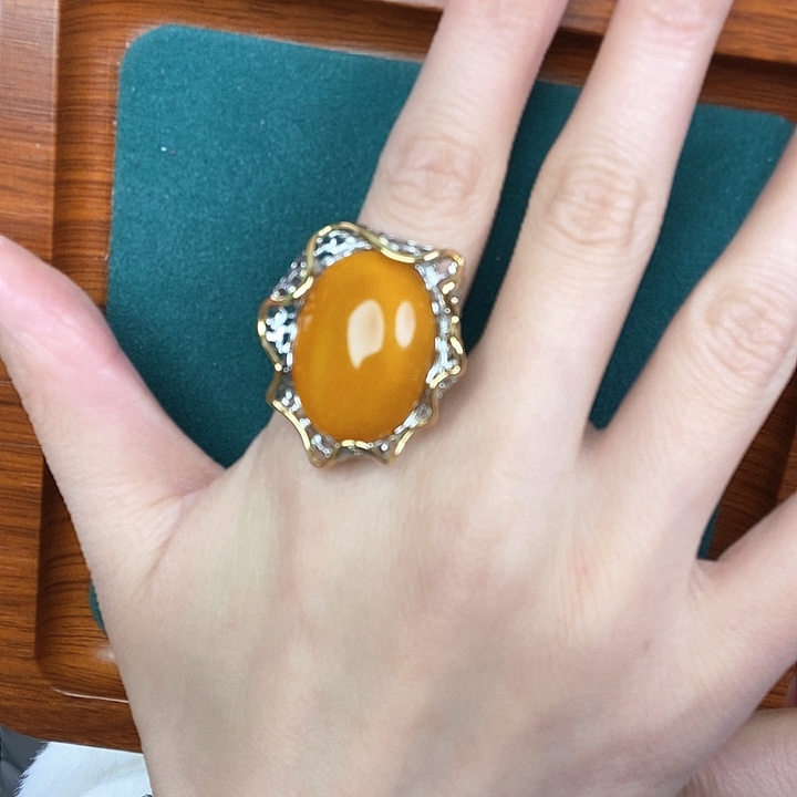 蜜蜡戒指银S925镶嵌戒指