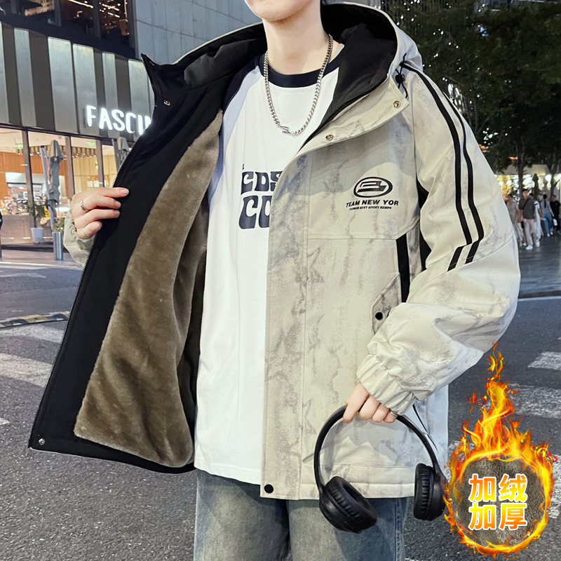 青少年男学生秋冬季加绒加厚防风保暖冲锋衣宽松休闲夹克外套8609