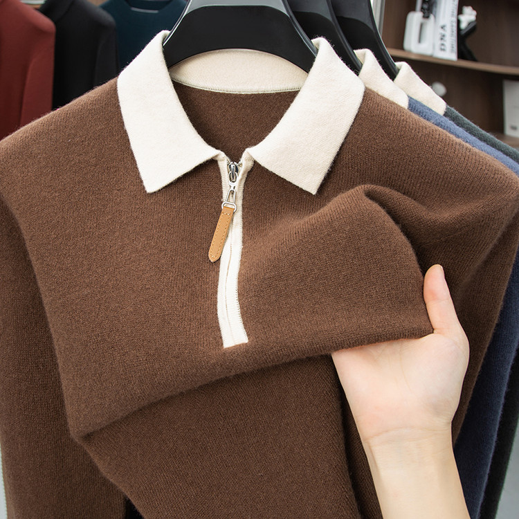 100纯羊毛 秋冬季翻领羊毛衫男士高档半拉链毛衣纯色针织打底衫