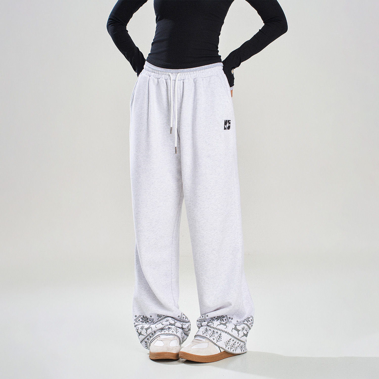 NSTNEW START发芽计划复古驯鹿印花松紧腰抽绳卫裤休闲直筒长裤子