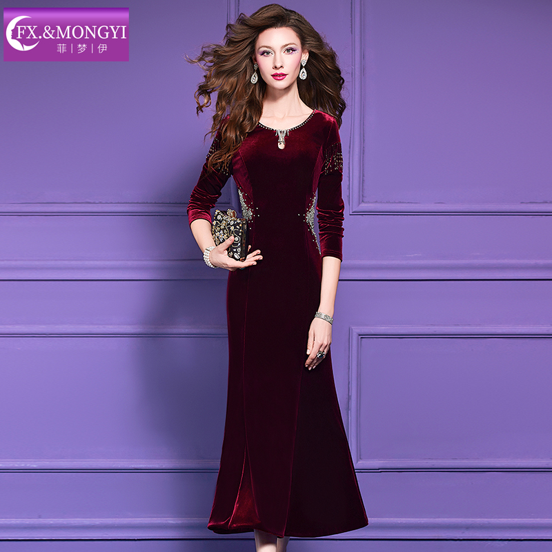 菲梦伊原创钉珠红色连衣裙女秋新款高贵金丝绒收腰礼服长裙66492