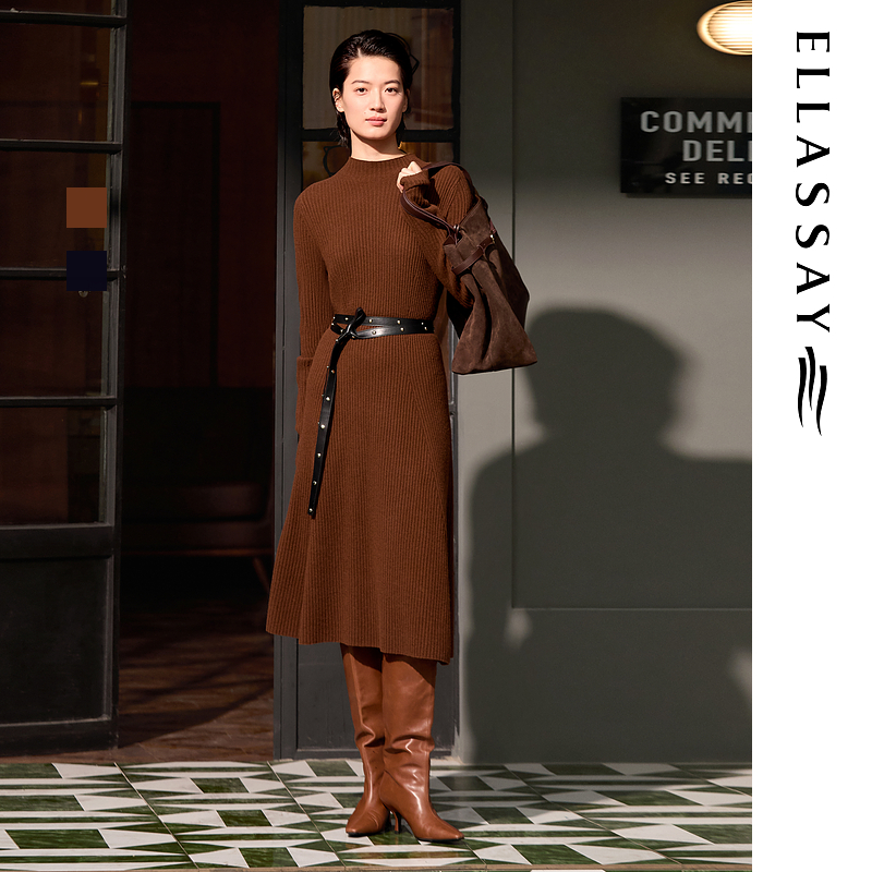 ELLASSAY歌力思2025秋冬新款弯袖气质长袖连衣裙女EWE364M11700