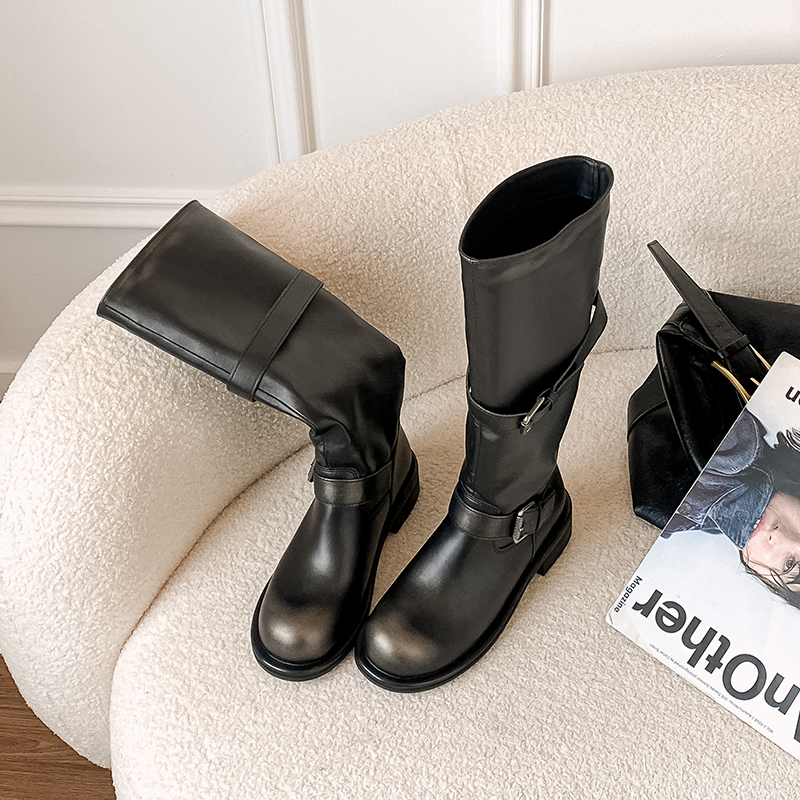 英伦风2025秋冬新款长筒靴不过膝高筒靴女厚底扣带百搭粗跟骑士靴