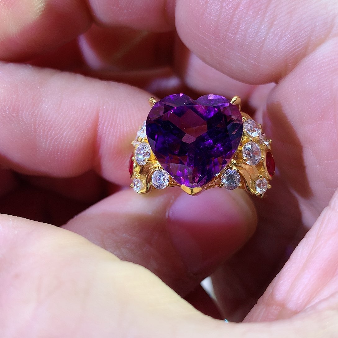 紫晶戒指银S925镀金镶嵌