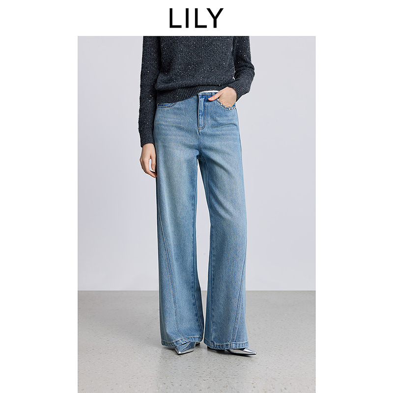 LILY2025冬新款莱赛尔棉重工钉珠直筒阔腿裤牛仔裤女125409GJ921