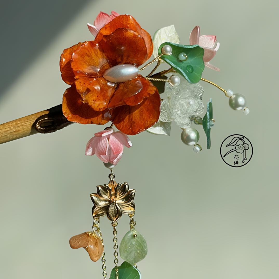 花停原创大叶绣球蝴蝶檀木簪古风流苏荷花发饰古典沉水檀