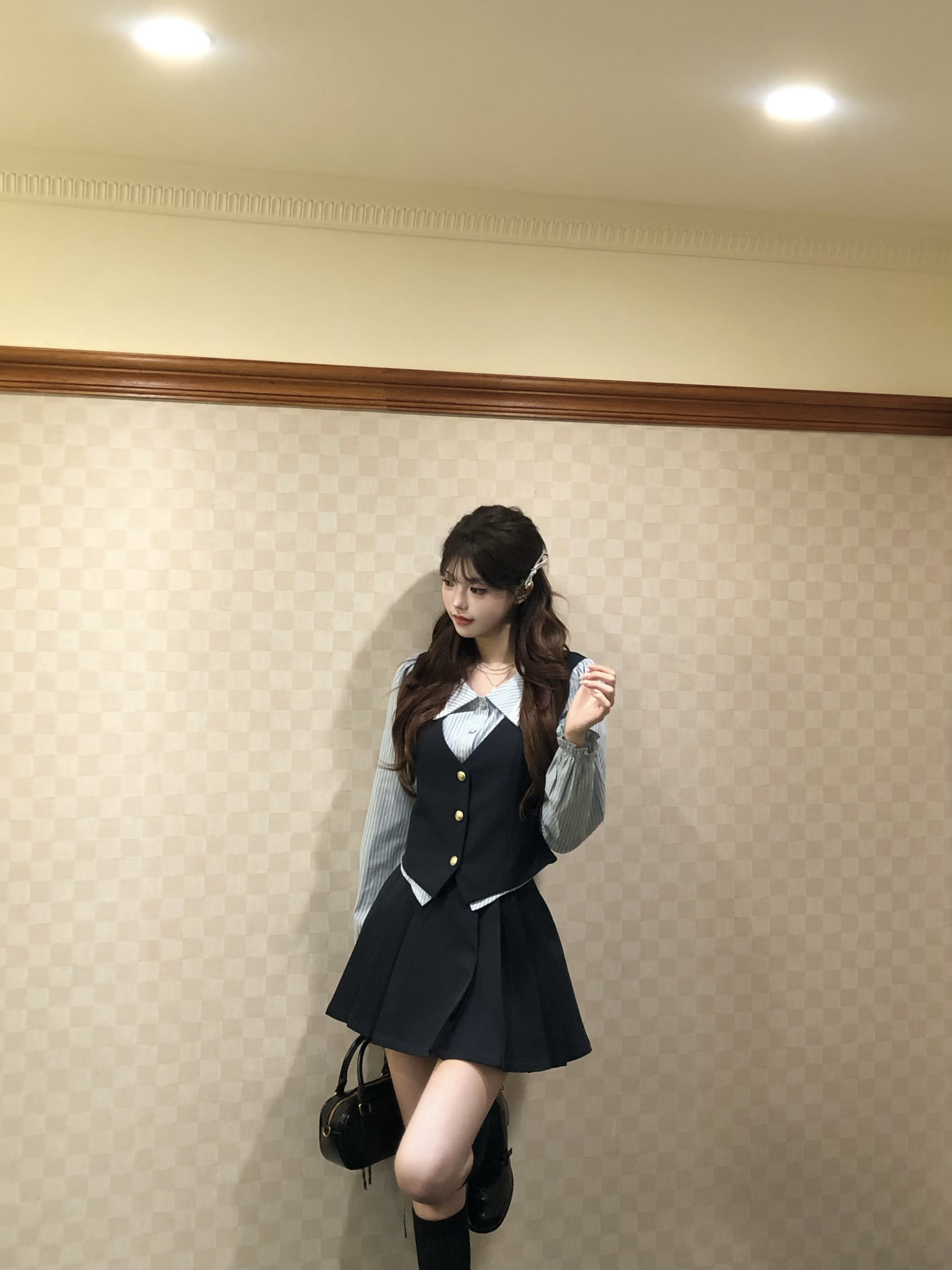 【兔子警官】韩系学院风收腰显瘦藏青色条纹衬衫假两件半裙套装