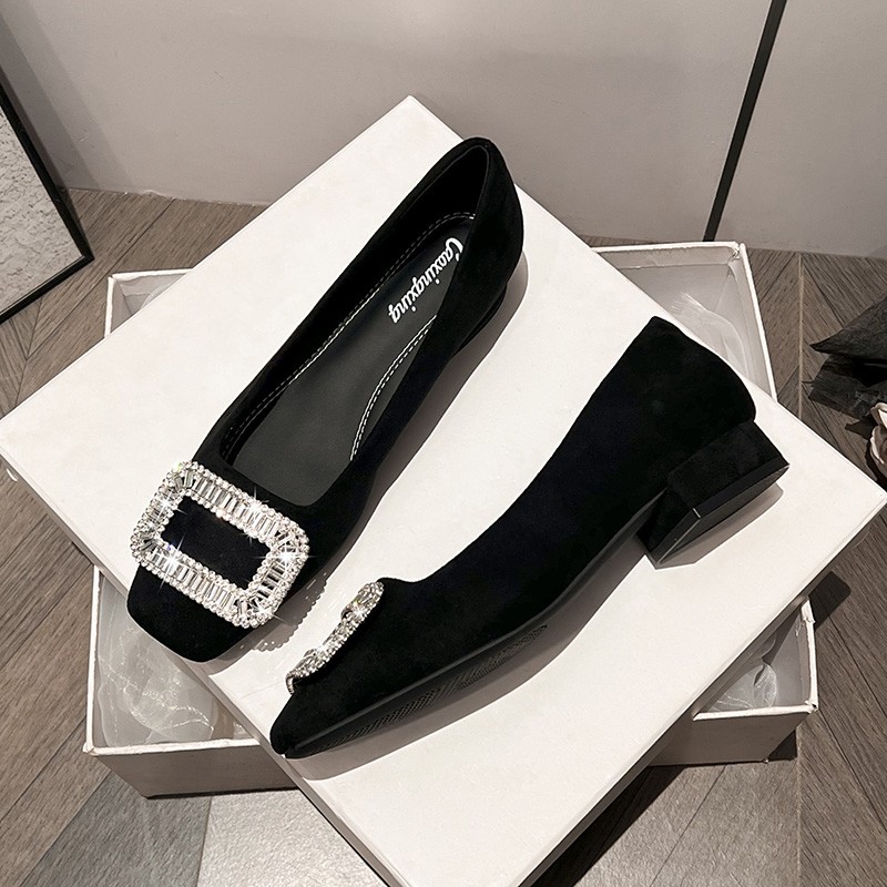 2025年新款水钻加绒方头单鞋绒面粗跟高跟鞋浅口水钻气质百搭女鞋