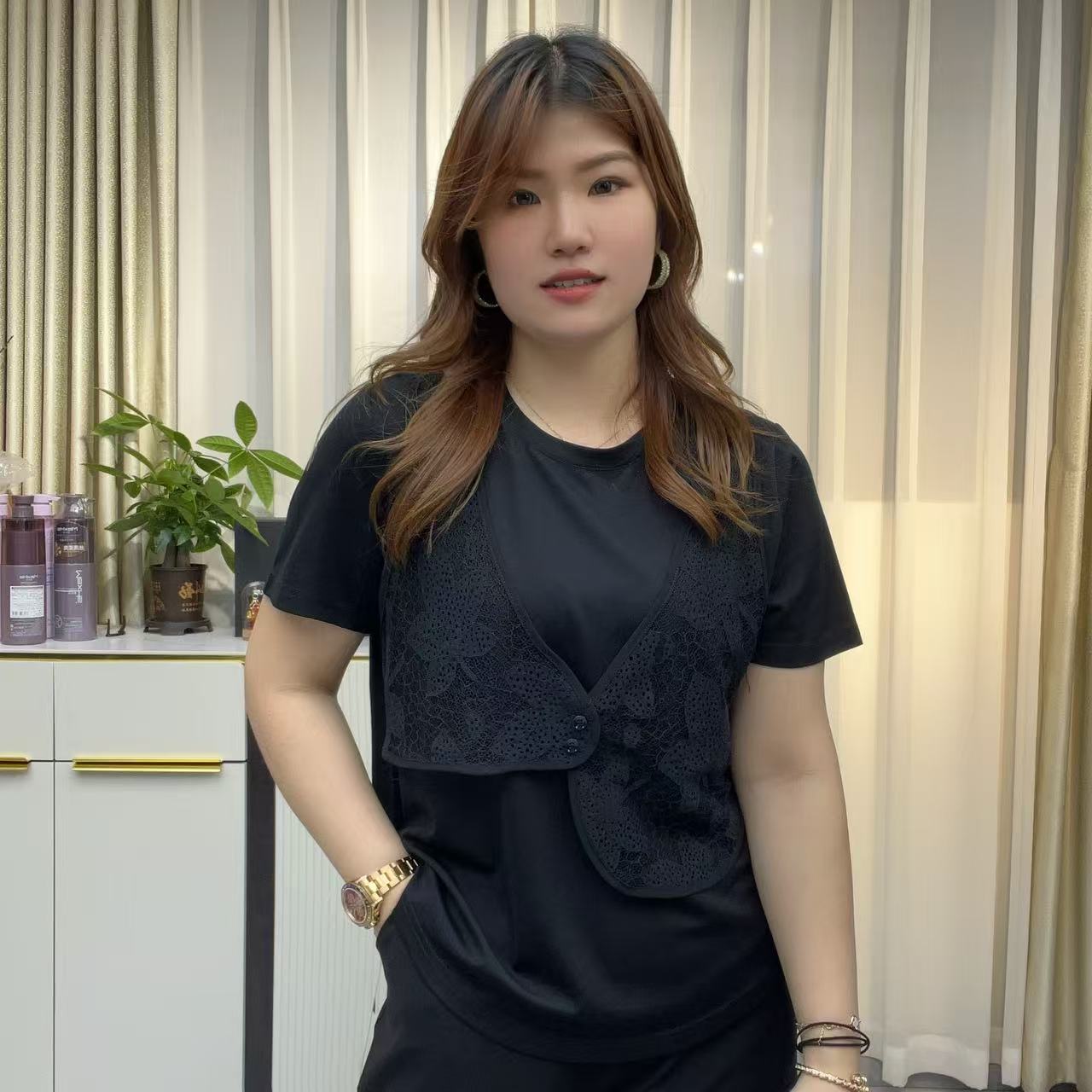 小鑫肝@现货浮力罗马棉蕾丝提花拼接假两件百搭T恤 2029