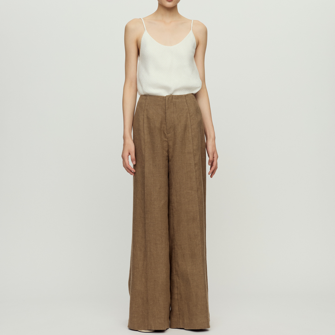 SANSTORE RUOHAN 沙色磨毛亚 麻立体褶线裤 26早春