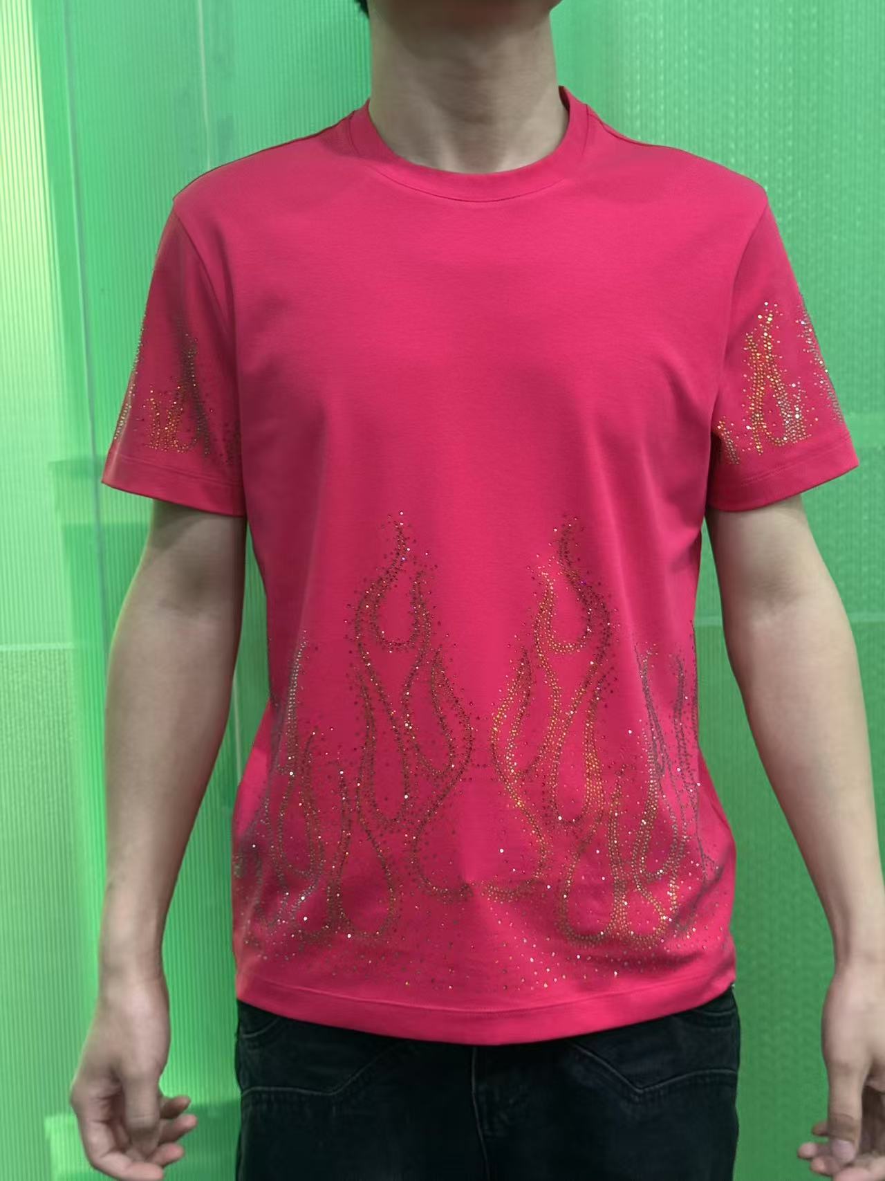 普澳登 夏季新款个性时尚潮流百搭修身火焰烫钻男士帅气休闲T恤