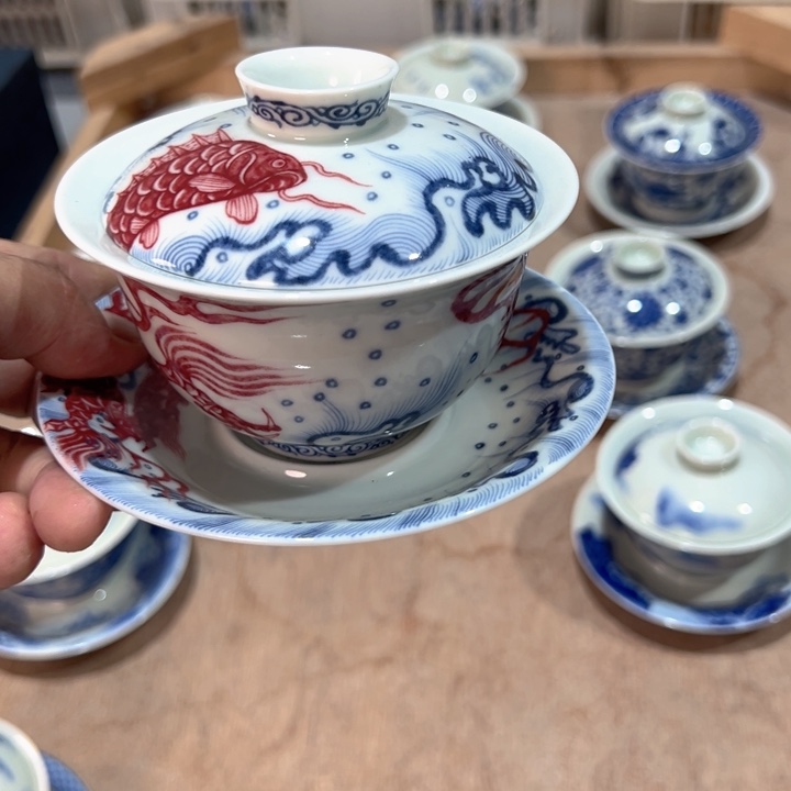 瓷片白鱼化龙元宝盖碗全品