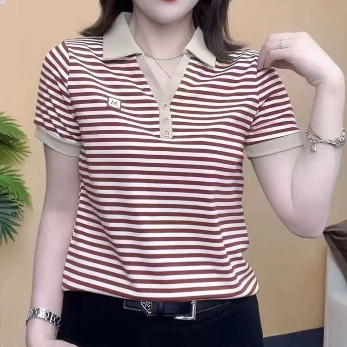 冰丝螺纹宽松型条纹短袖修身显瘦T恤妈妈大码时尚百搭条纹打底衫